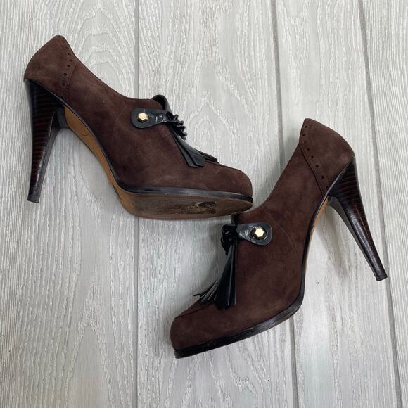 Joan & David Women's Kiltie Black & Brown Leather Suede Tassel High Heels Sz 7.5 - Picture 3 of 11